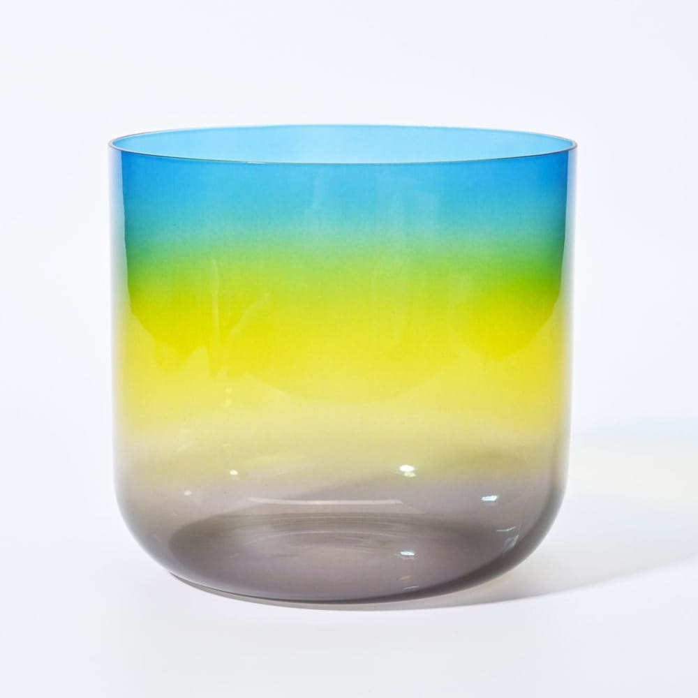 Glass vessel with gradient from gray to yellow to blue, Alchemy Clear Rainbow Bowl