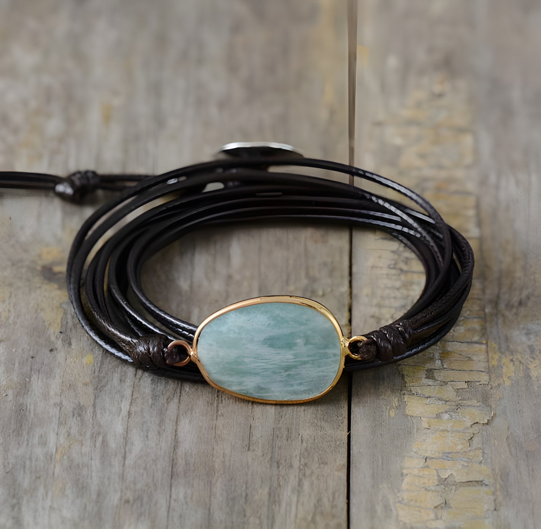 Amazonite Stone Leather Bracelet for Balance