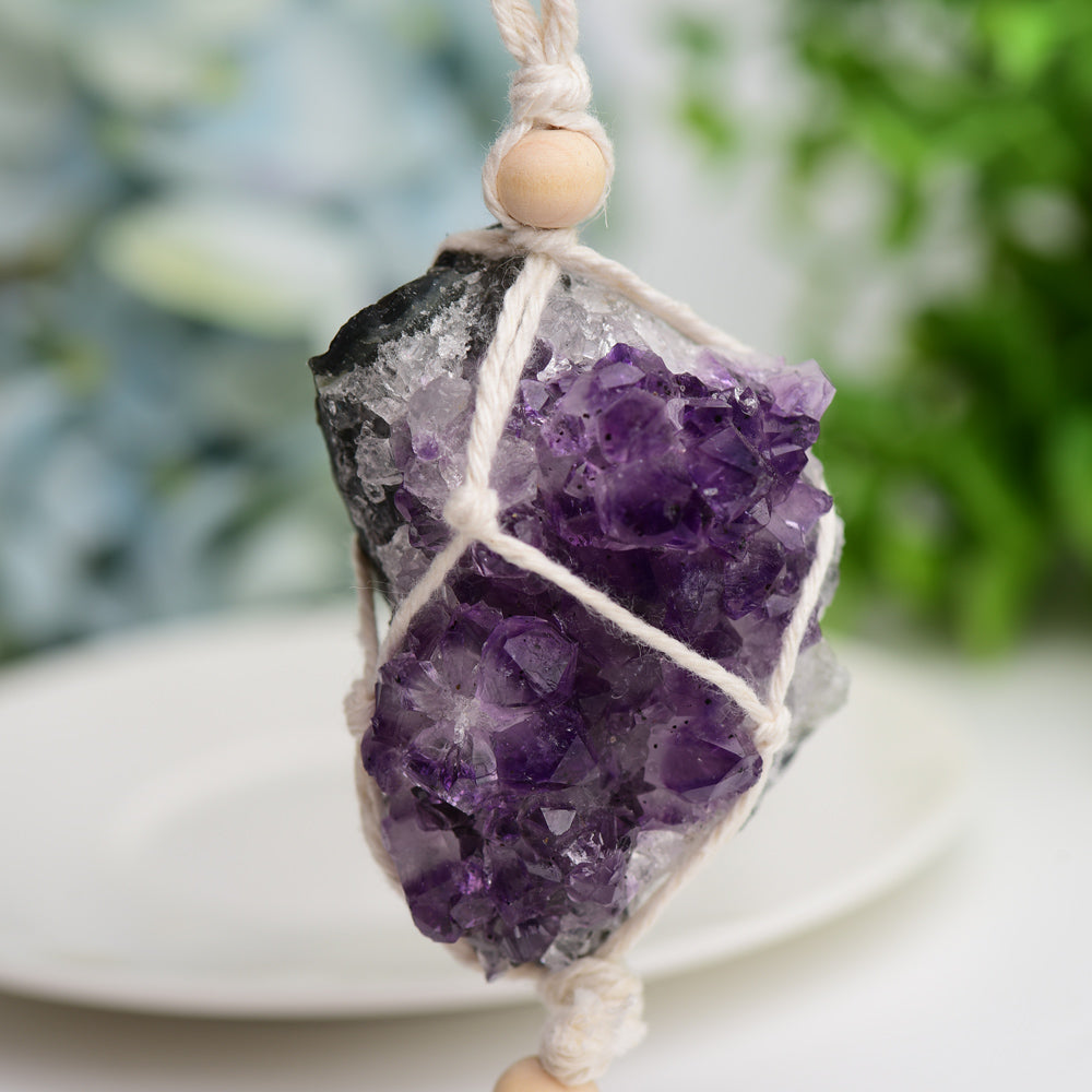 Amethyst Cluster Hanging with Cotton Rope Tassels 100g