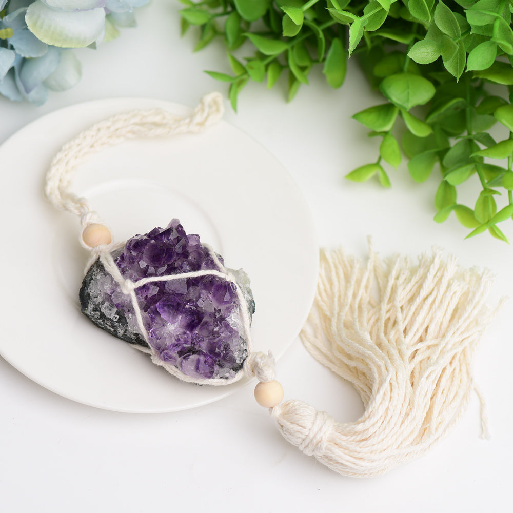 Amethyst Cluster Hanging with Cotton Rope Tassels 100g