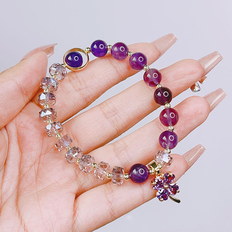 Amethyst Crystal Bracelet with Four Leaf Clover for Healing