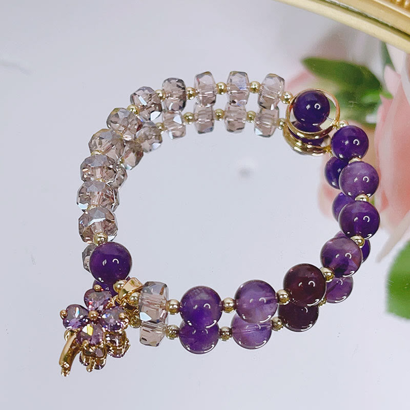 Amethyst Crystal Bracelet with Four Leaf Clover for Healing