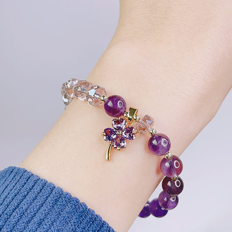 Amethyst Crystal Bracelet with Four Leaf Clover for Healing