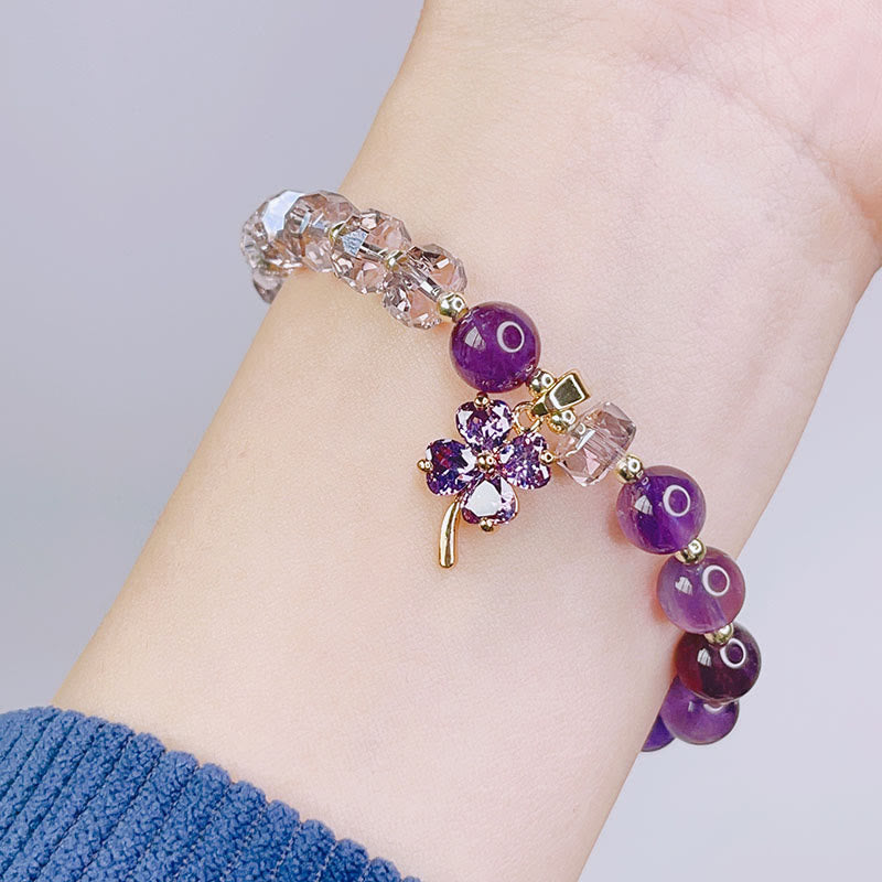Amethyst Crystal Bracelet with Four Leaf Clover for Healing