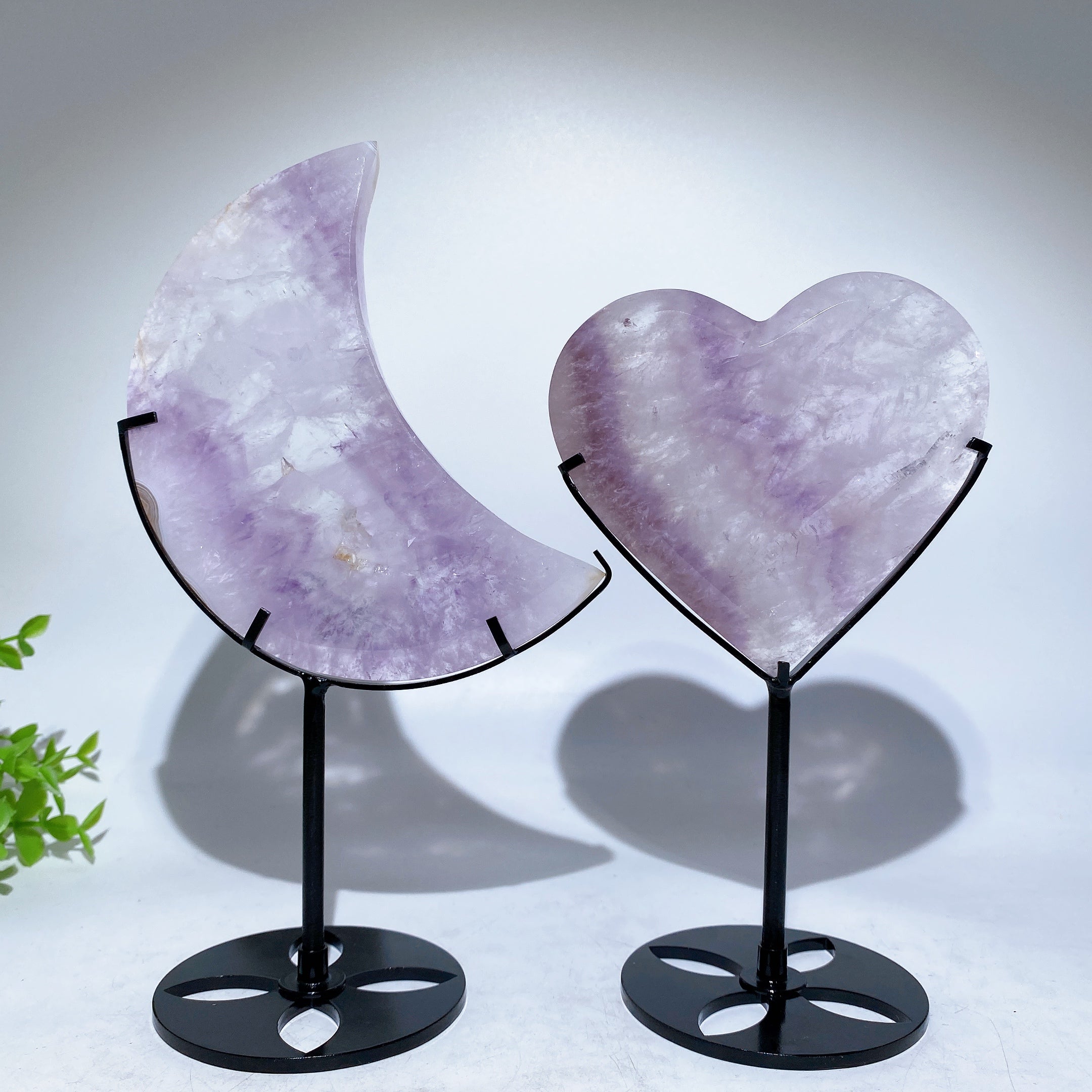 Amethyst Heart & Moon Crystal Carvings with Stand 3.8-7.8 in