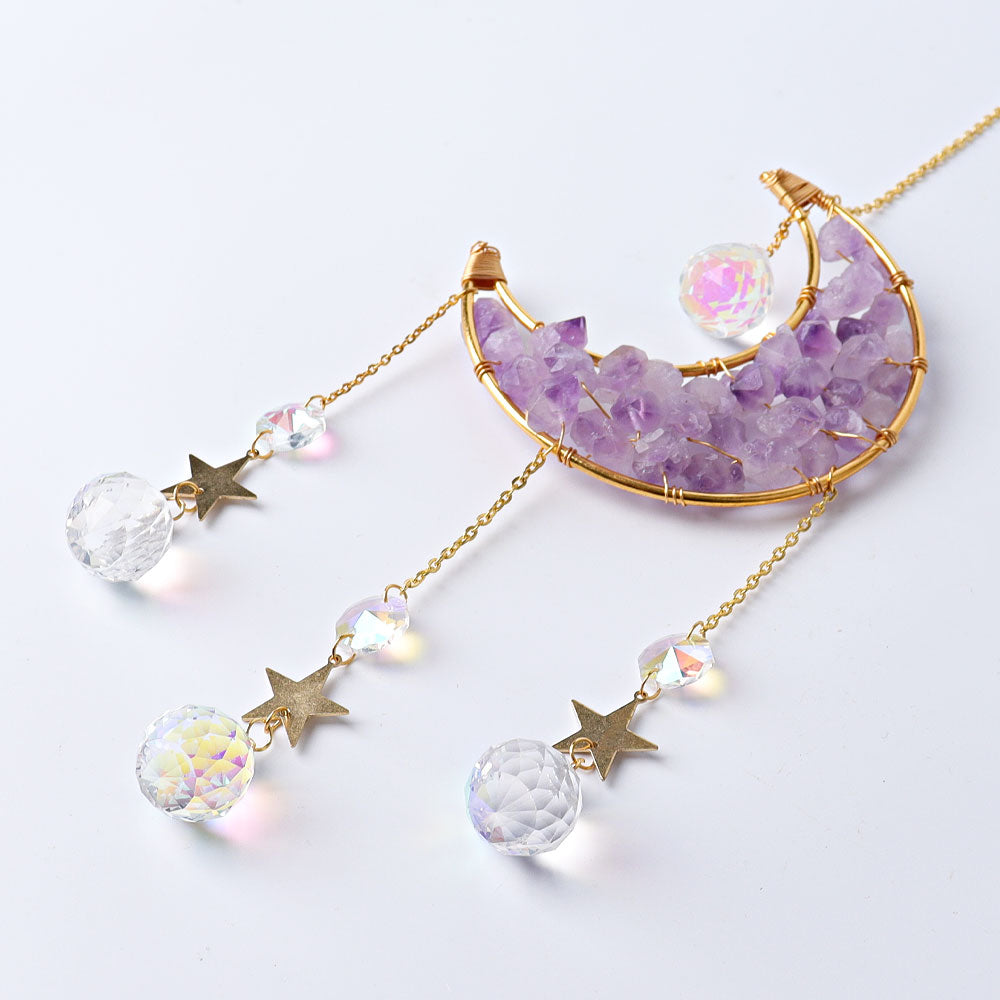 Amethyst Moon Crystal Suncatcher 40cm with Golden Rim