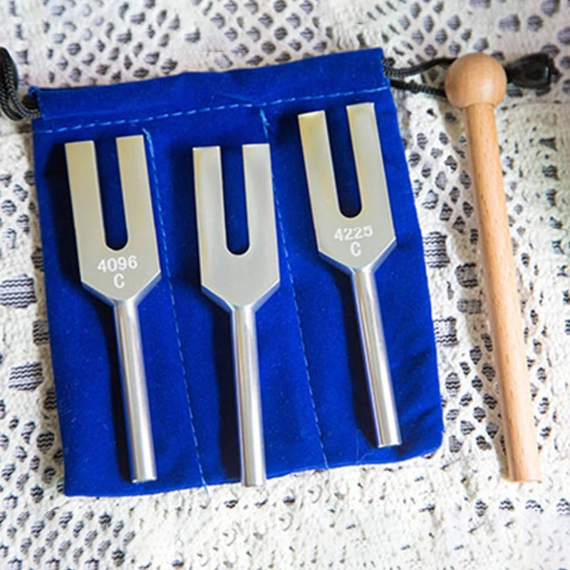 Set of Angel Tuning Forks with wooden mallet in blue case for healing therapy