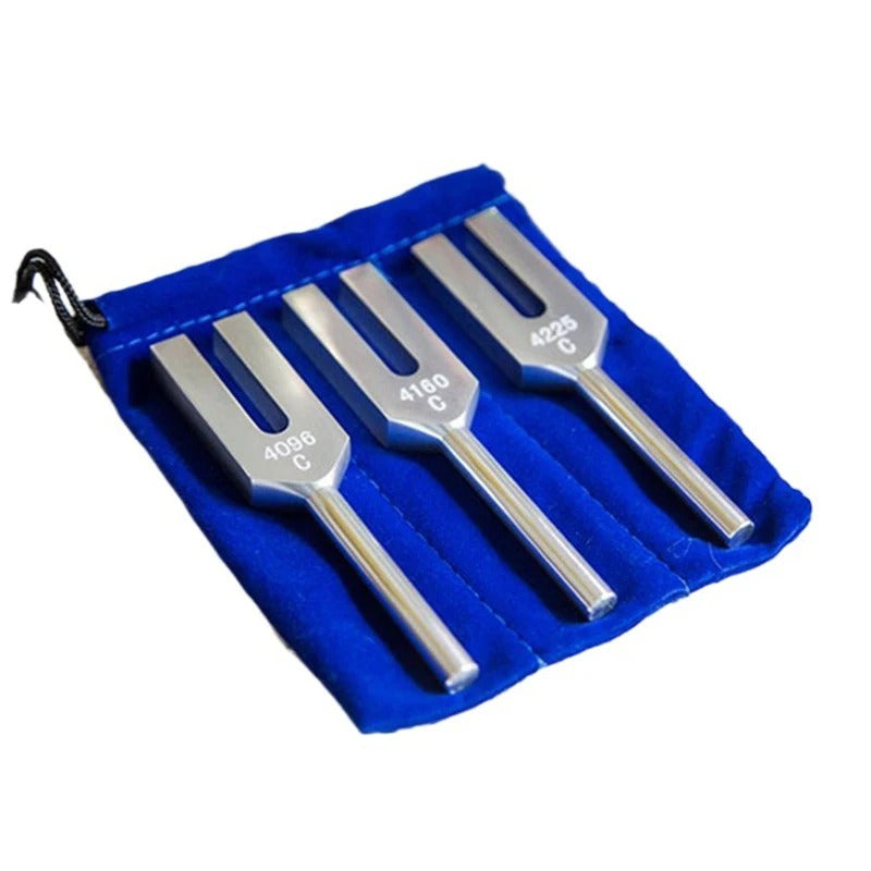 Three Angel Tuning Forks in a blue velvet pouch for healing therapy