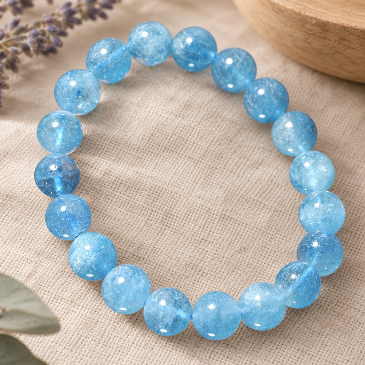 8mm Aquamarine Healing Beads Peace Bracelet, bracelet standing in an open loop