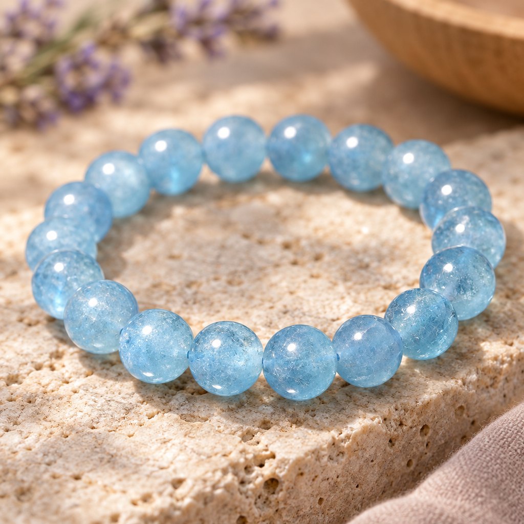 8mm Aquamarine Healing Beads Peace Bracelet, close-up of the material and finish