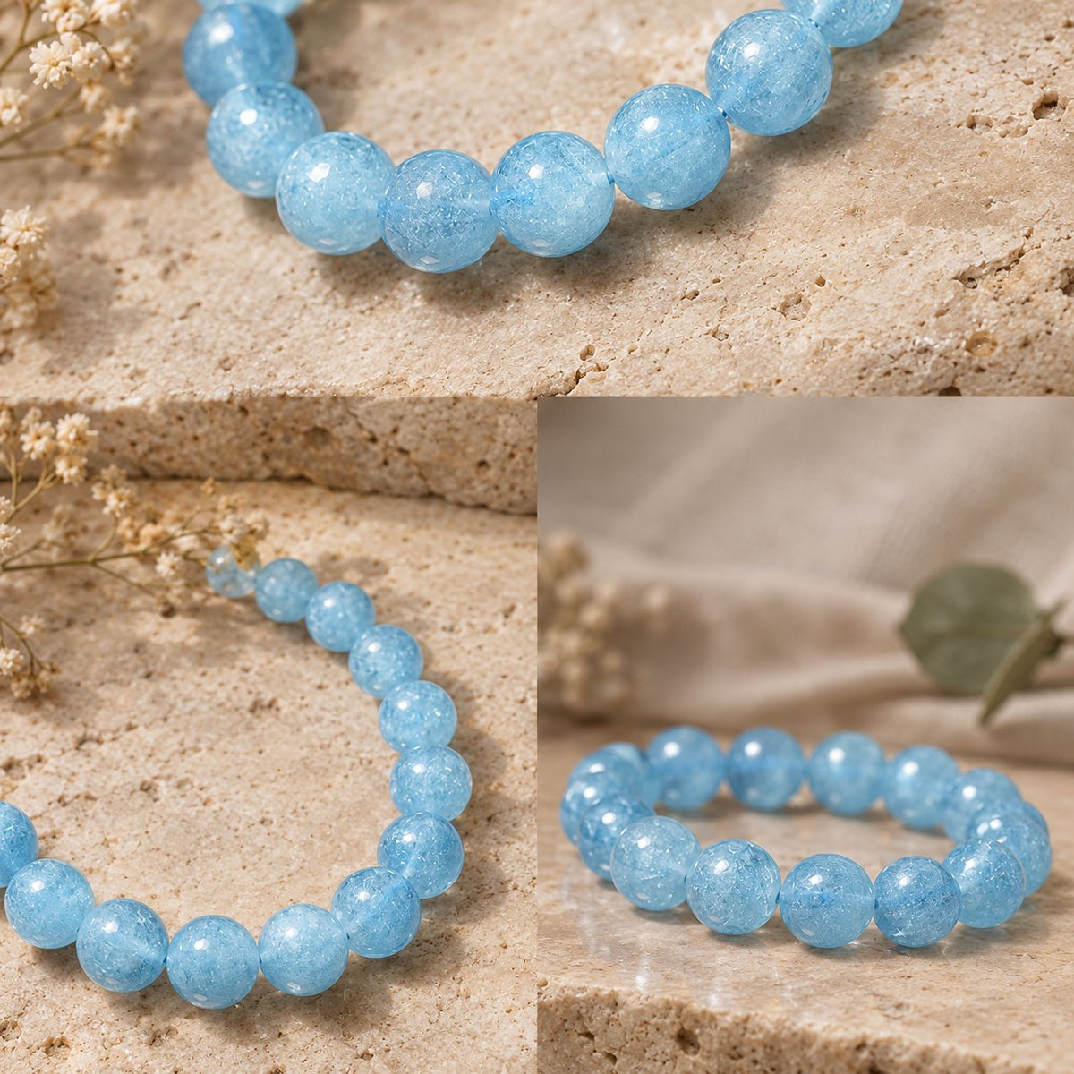8mm Aquamarine Healing Beads Peace Bracelet, collage of three views
