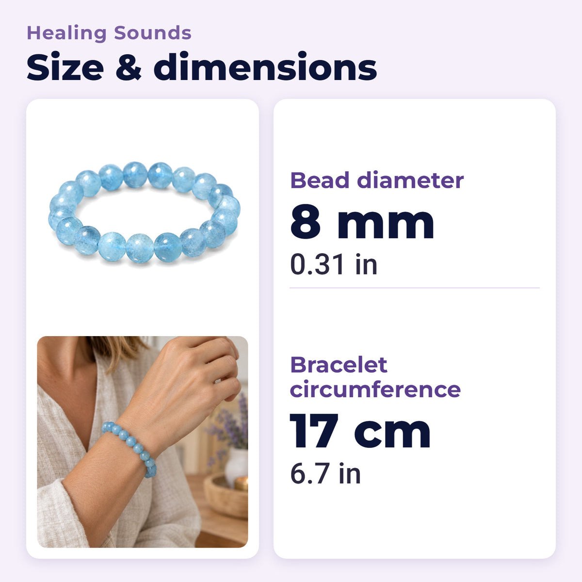 8mm Aquamarine Healing Beads Peace Bracelet, size and dimensions in millimetres and inches