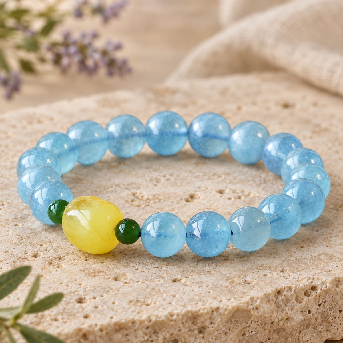 Natural Aquamarine Amber Serenity Healing Bracelet 8mm, 3/4 angle, nugget left
