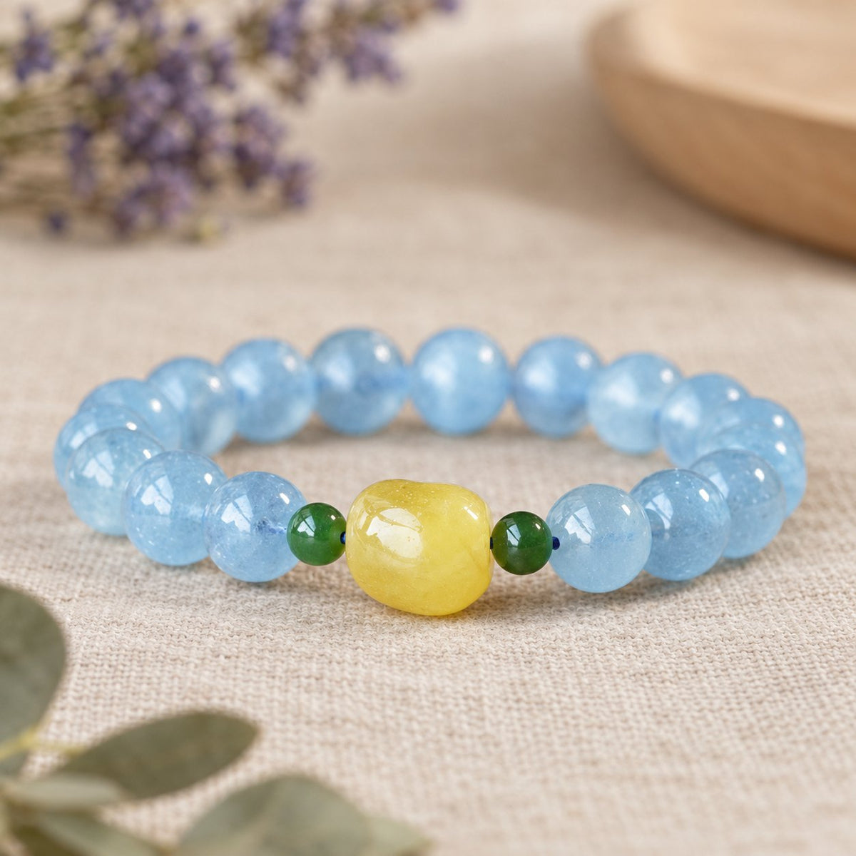 Natural Aquamarine Amber Serenity Healing Bracelet 8mm, flat
