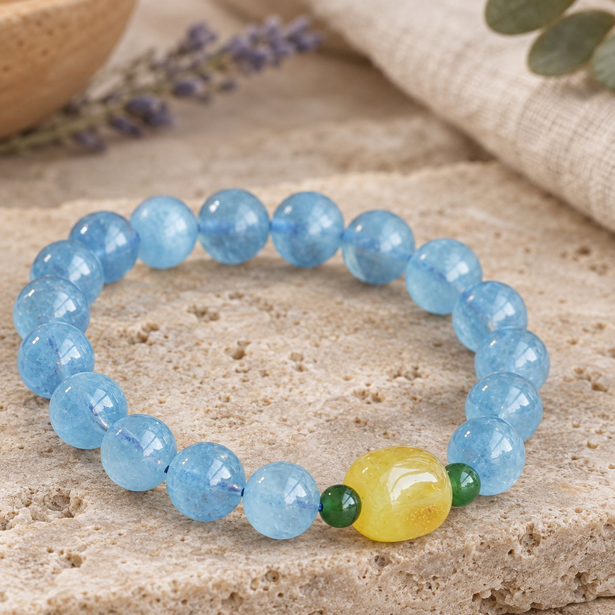Natural Aquamarine Amber Serenity Healing Bracelet 8mm, front view