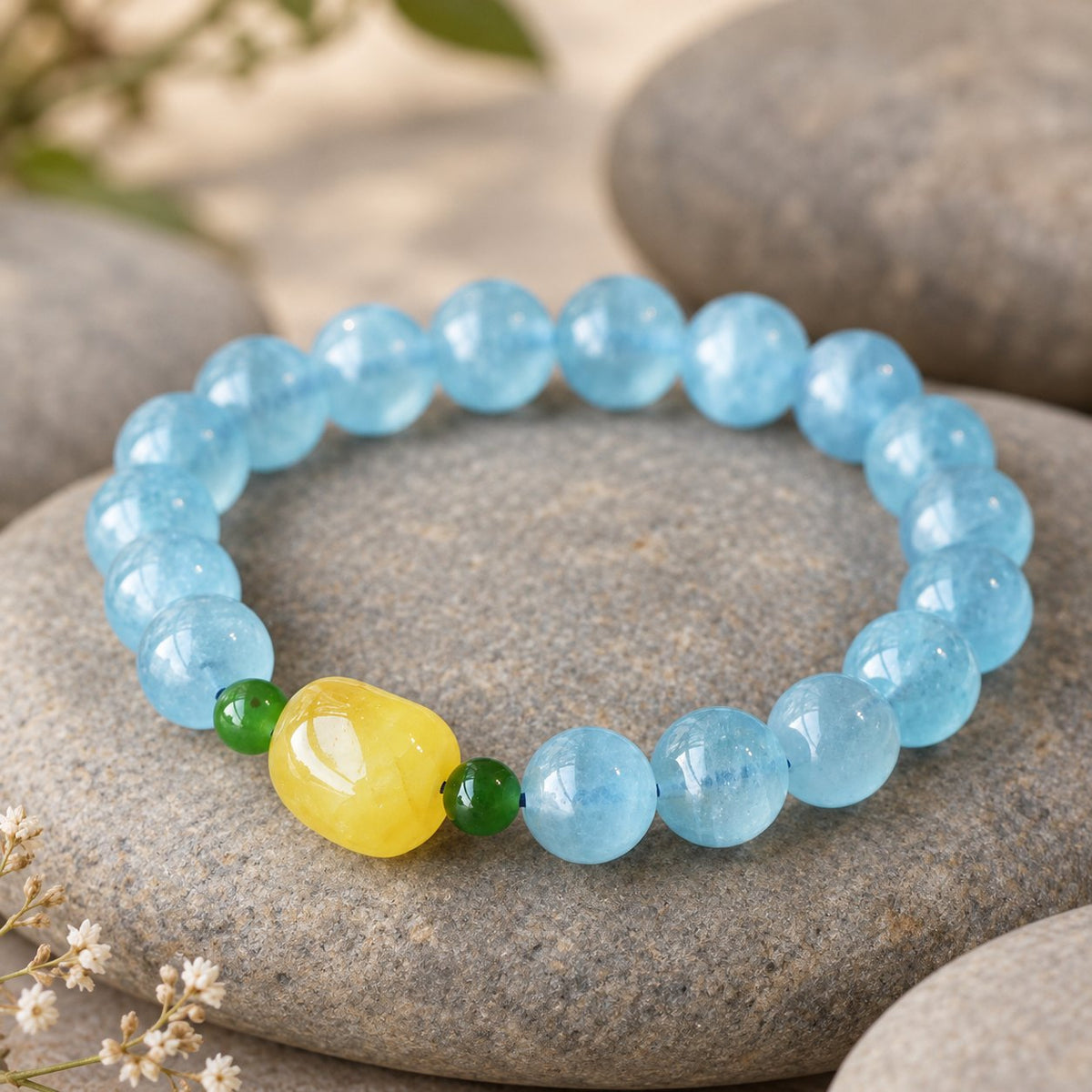 Natural Aquamarine Amber Serenity Healing Bracelet 8mm, loop 3/4 view