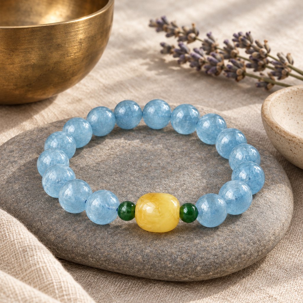 Natural Aquamarine Amber Serenity Healing Bracelet 8mm, styled with a singing bowl and lavender
