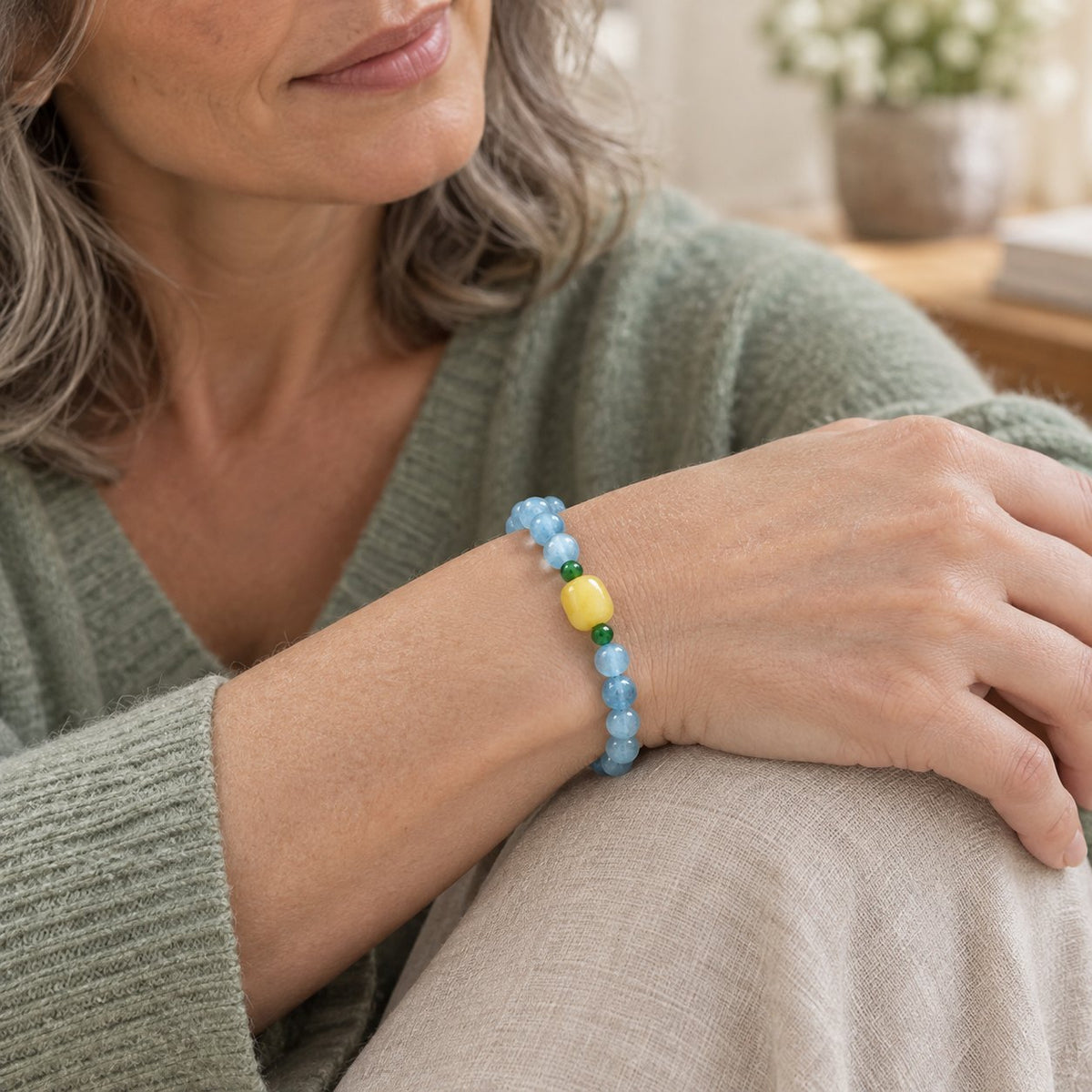 Natural Aquamarine Amber Serenity Healing Bracelet 8mm, worn by a woman