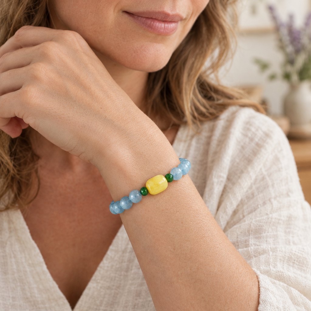 Natural Aquamarine Amber Serenity Healing Bracelet 8mm, worn on the wrist by a woman