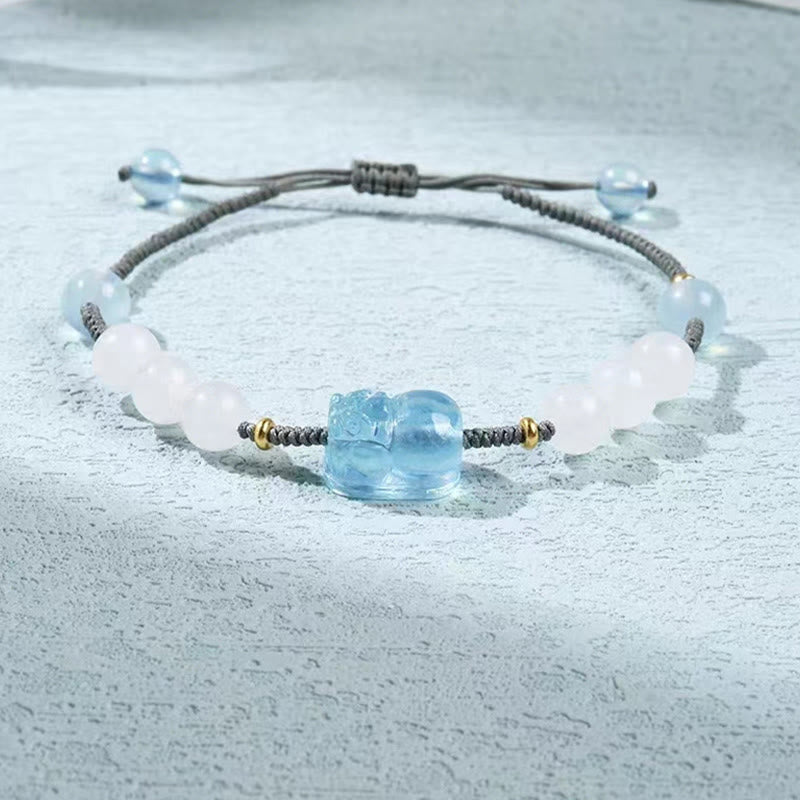 Aquamarine & White Jade Pixiu Bracelet for Wealth & Serenity