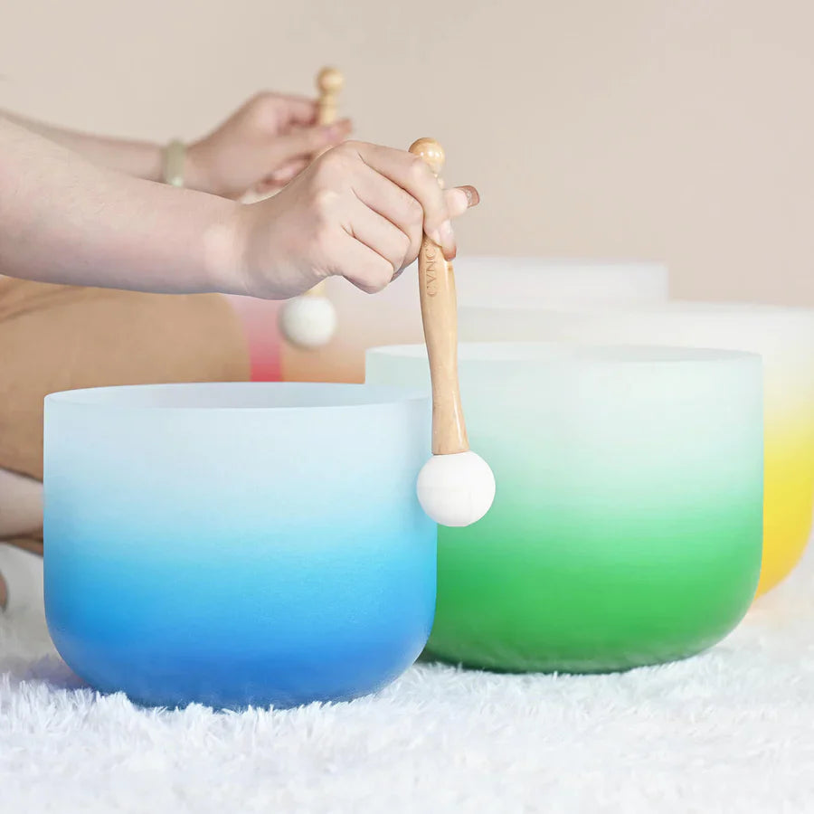 Frosted Aria Gradient Chakra Crystal Singing Bowl Set in blue and green ombré colors