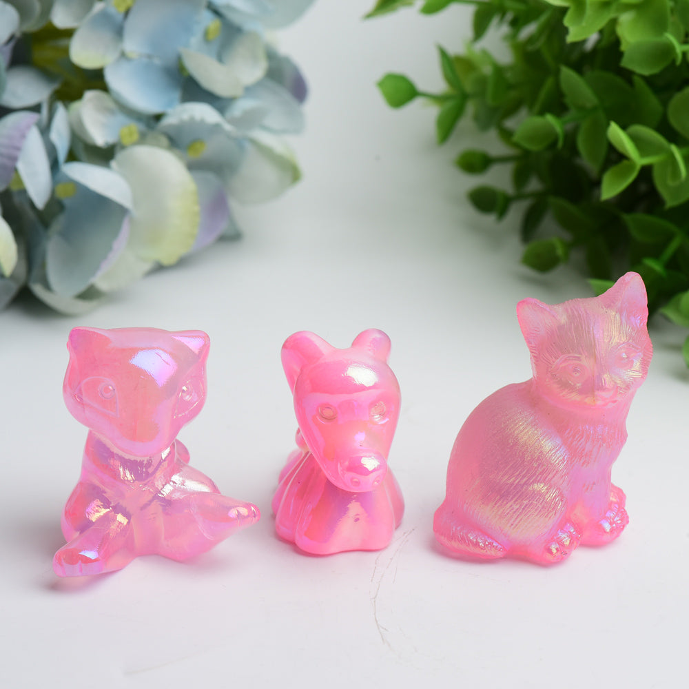 Aura Pink Crystal Cats Carvings 2-Inches Healing Figurines
