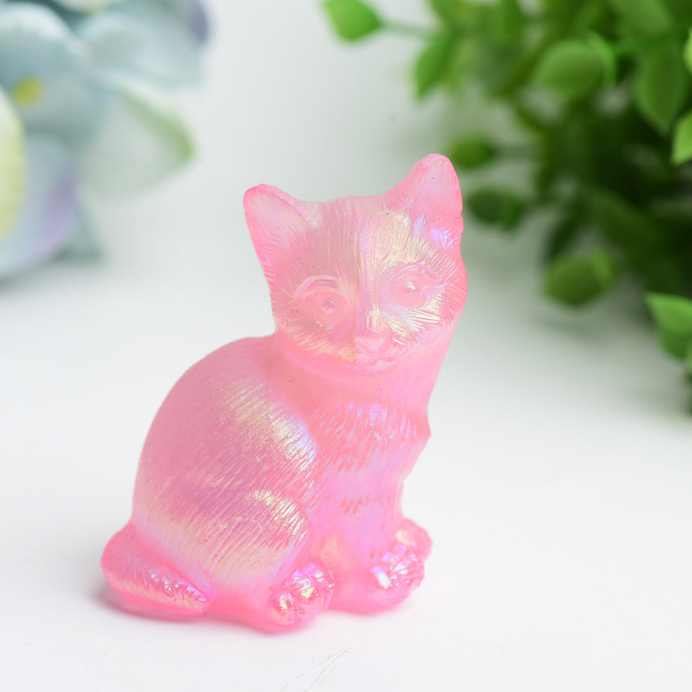 Aura Pink Crystal Cats Carvings 2-Inches Healing Figurines