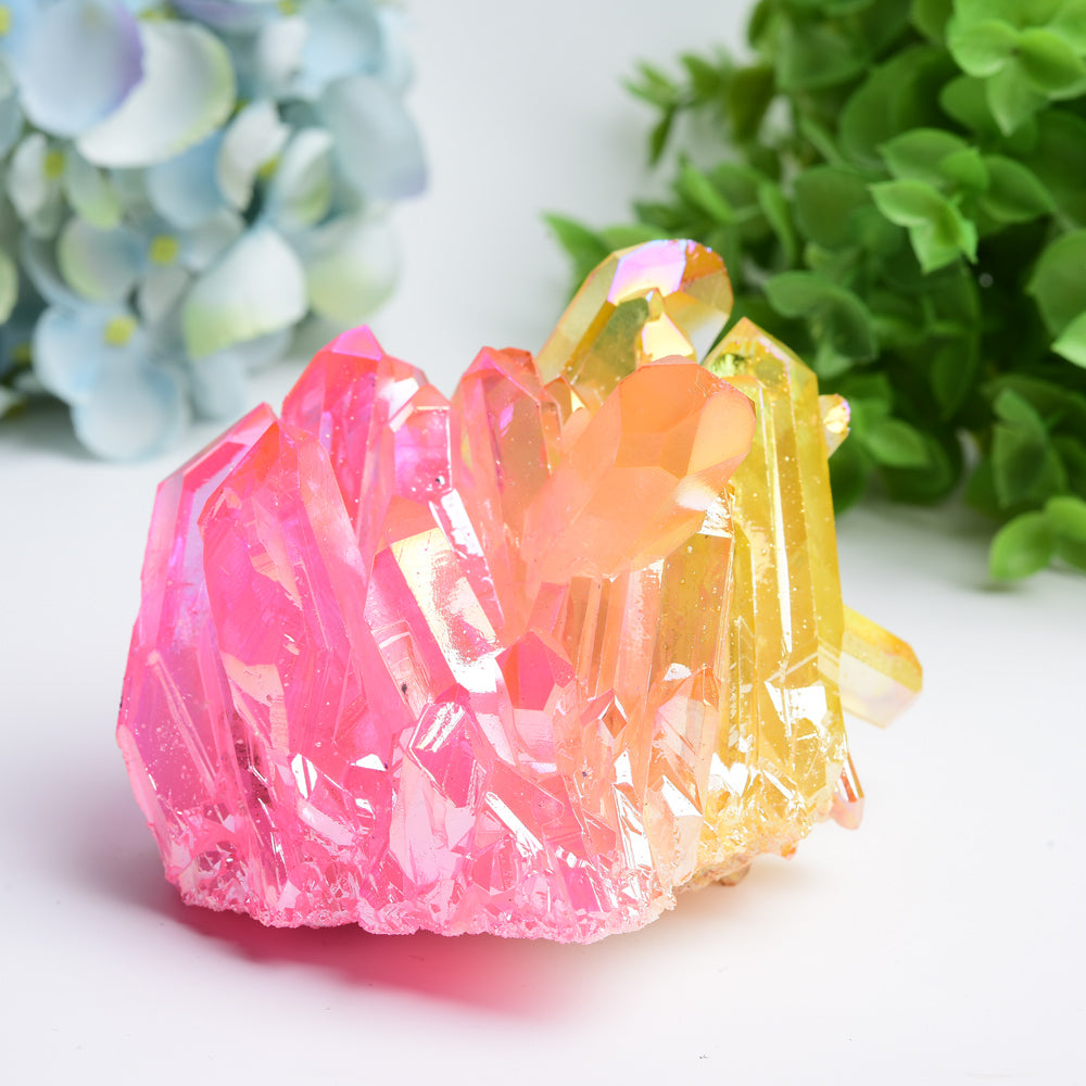 Aura Yellow Pink Crystal Clusters Free Form Healing