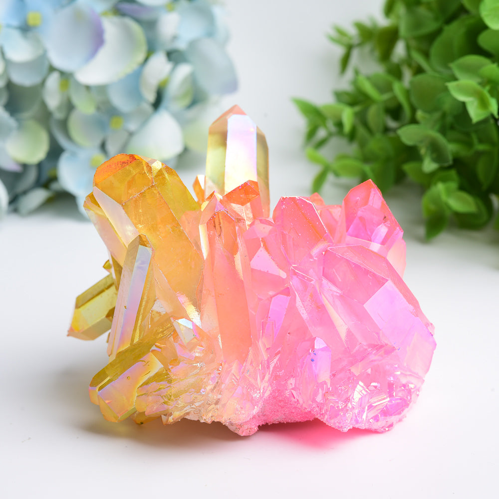 Aura Yellow Pink Crystal Clusters Free Form Healing