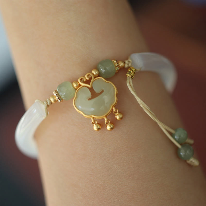 Auspicious Chalcedony Hetian Jade Silver Ruyi Lock Cuff Bracelet