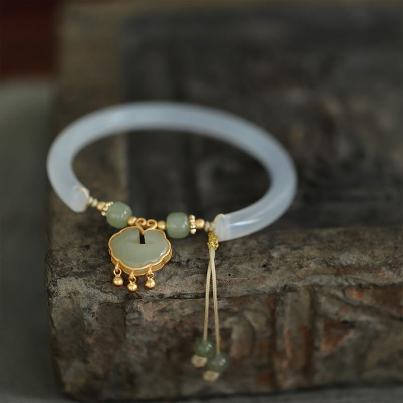 Auspicious Chalcedony Hetian Jade Silver Ruyi Lock Cuff Bracelet