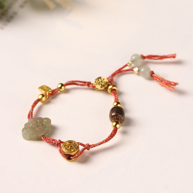 Auspicious Clouds Hetian Jade Fu Character Luck Rope Bracelet