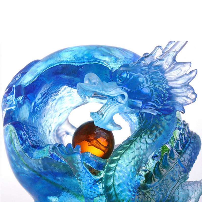 Azure Dragon Liuli Crystal Art Piece for Success Protection