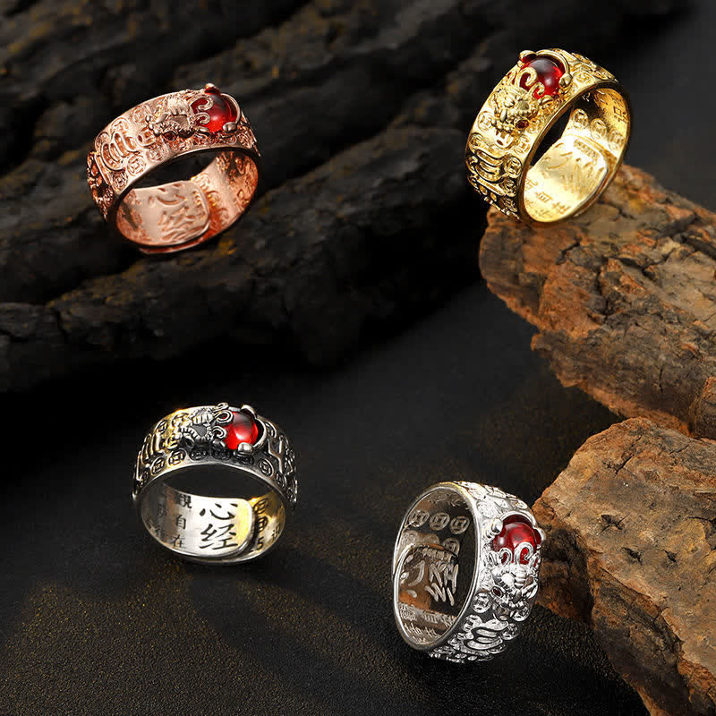 Unisex 10mm Garnet PiXiu Wealth Ring in Silver & Gold
