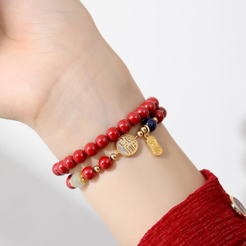 Cinnabar Bracelet with Fu Character and Tridacna Stone