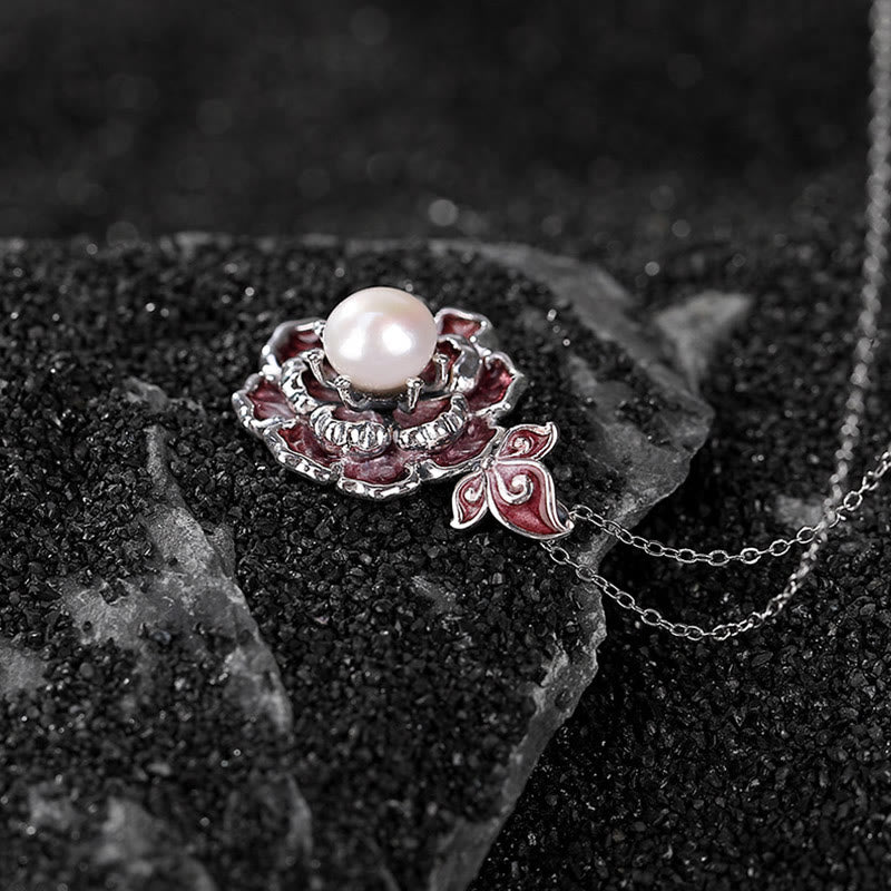 999 Sterling Silver Pearl Necklace with Peony Flower Pendant for Healing