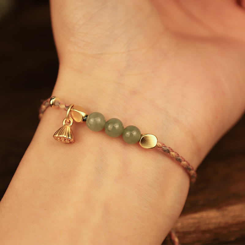 Handcrafted Hetian Jade Lotus Charm Bracelet 6mm