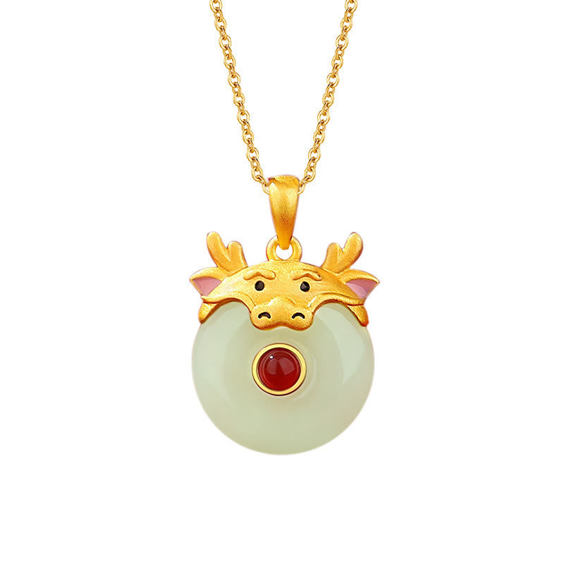 Dragon Zodiac Necklace | Sterling Silver with Hetian Jade & Red Agate