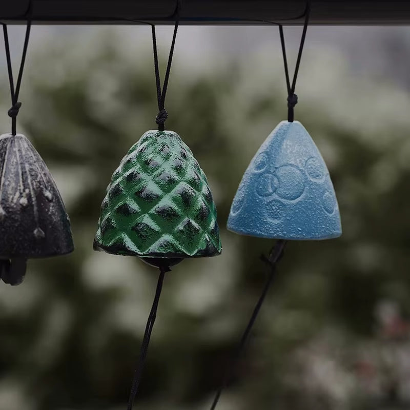 Japanese Iron Wind Chime with Decorative Ceramic in Gray, Green, and Blue Hues