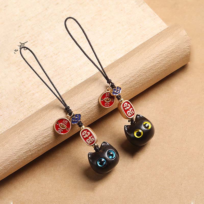 Ebony Wood Lucky Cat Key Chain with Auspicious Cloud Charm