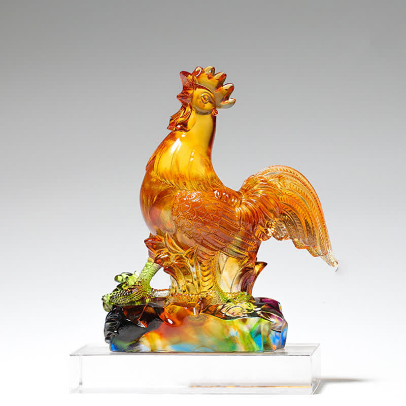 Handmade Liuli Crystal Rooster Zen Decor Art Piece