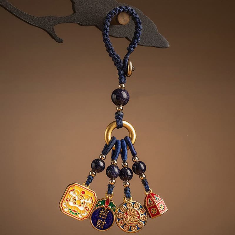 Copper Dancing Lion Wealth Key Chain for Car Hanging Charm