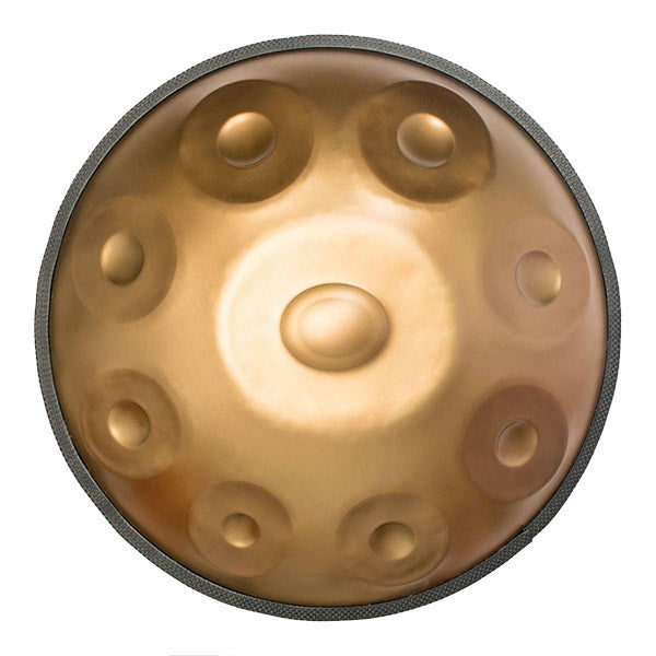 B2 Amara Handpan Drum with golden-bronze surface and nine indentations for beginners