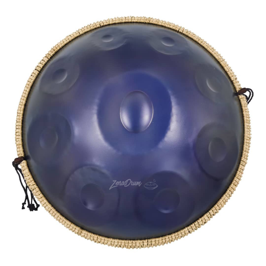 Blue metallic B2 Amara Handpan Drum with woven trim, ideal for beginners