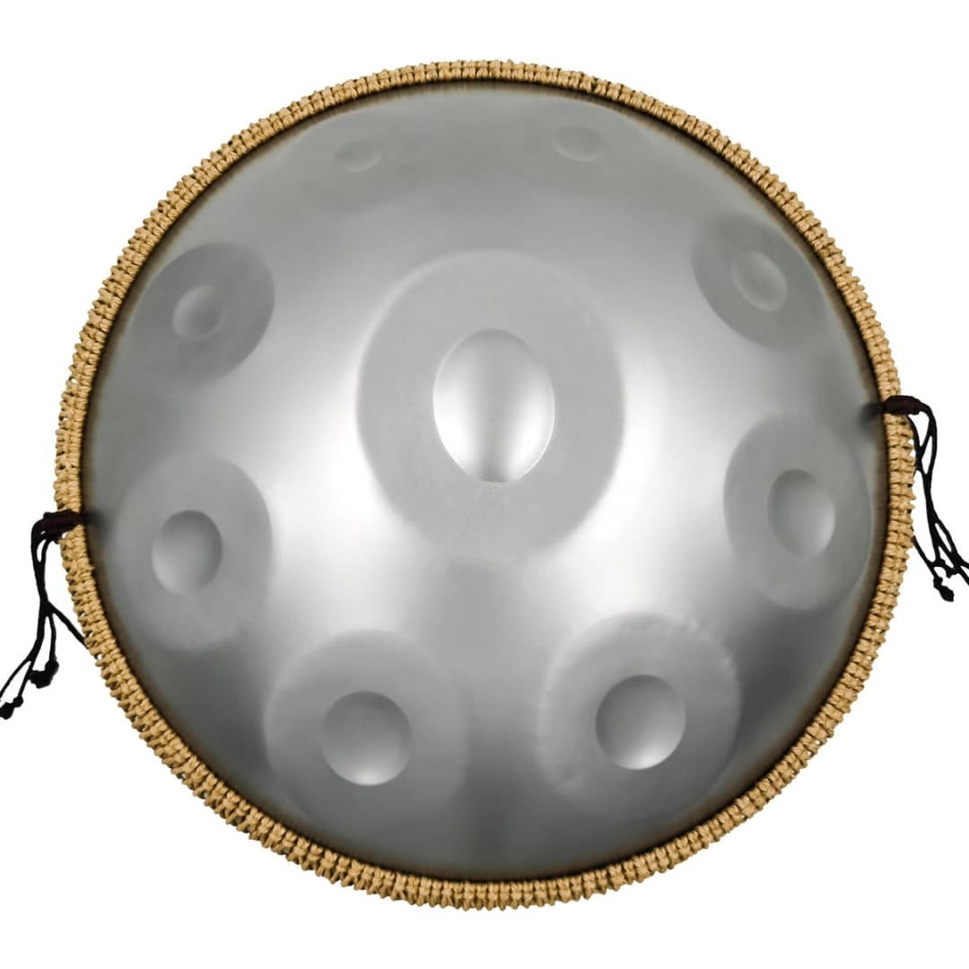 Metallic B2 Amara Handpan Drum with woven rope trim, ideal for beginners