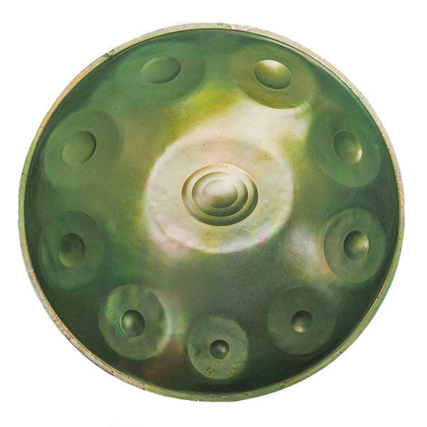 Green B2 Hijaz Handpan Drum showcasing dimpled tone fields in a circular pattern