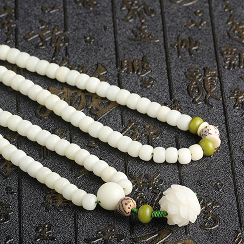 7x9mm White Jade Bodhi Lotus Mala Harmony Bracelet