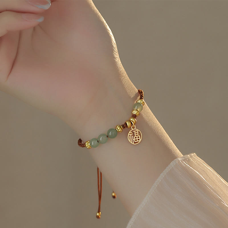 Jade Beads Fu Character Bracelet for Prosperity & Luck