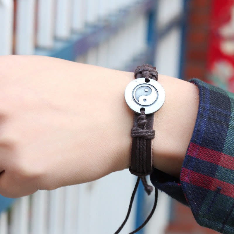 Adjustable Yin Yang Leather Harmony Bracelet 23cm