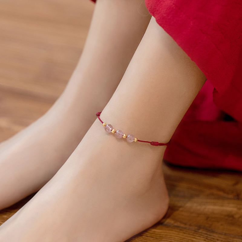 Strawberry Quartz Spiritual Anklet with Red String for Luck